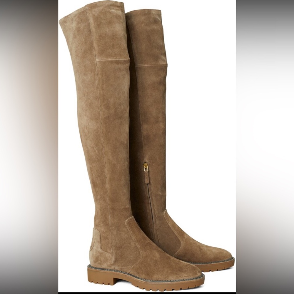 Tory Burch Miller Over the Knee Lug Sole suede boots. Beige. Size 8 1/2 NWB